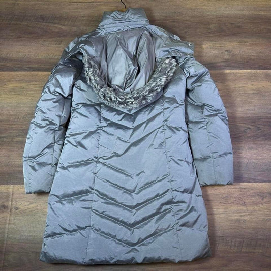 Eddie Bauer Women's Long Goose Down Puffer Parka Coat Faux Fur Hood Gray