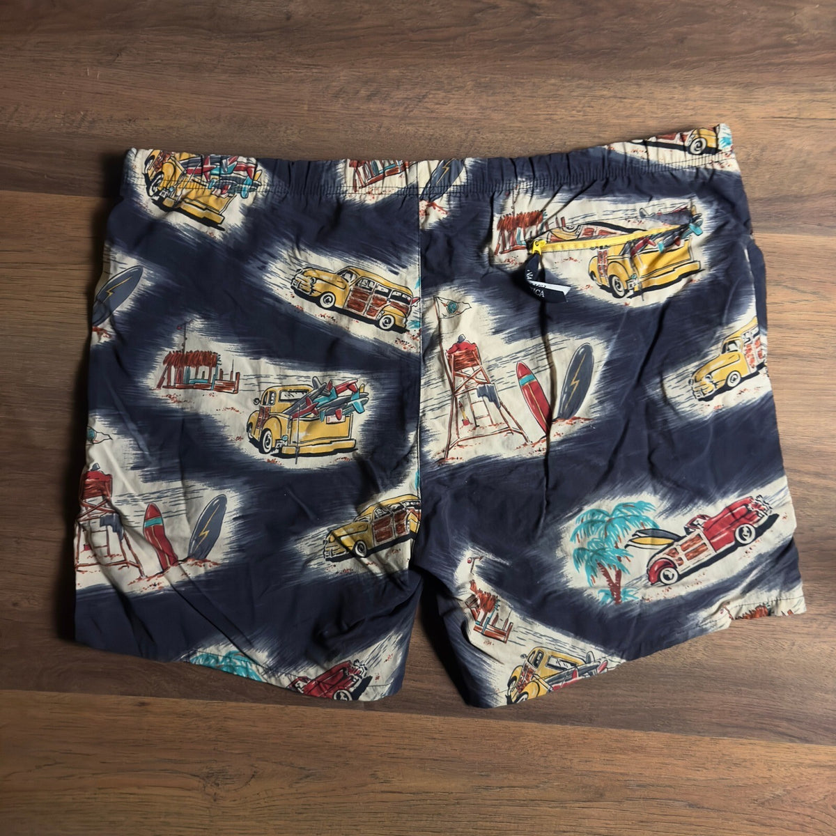 Nautica Swim Trunks Mens L Navy Blue Woody Car Surf Print