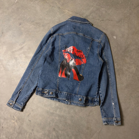 A.M.I. Denim Graphic Jacket Womens Small Blue Heels and Hustle Y2K Streetwear