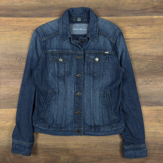 Eddie Bauer Denim Trucker Jacket Womens M Dark Wash Blue