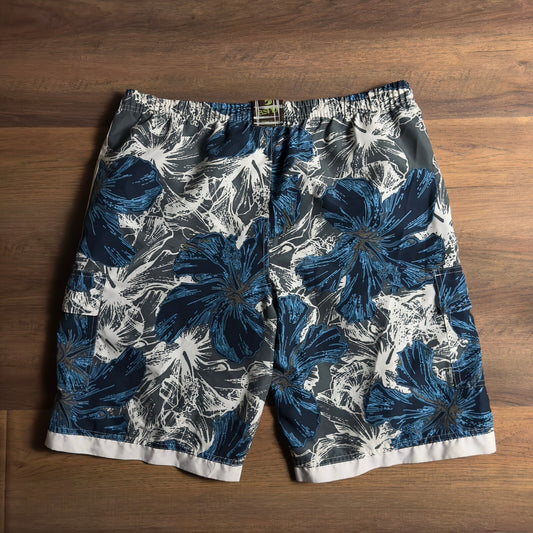 Y2K Banana Split BSP Board Shorts Blue White Floral Hibiscus