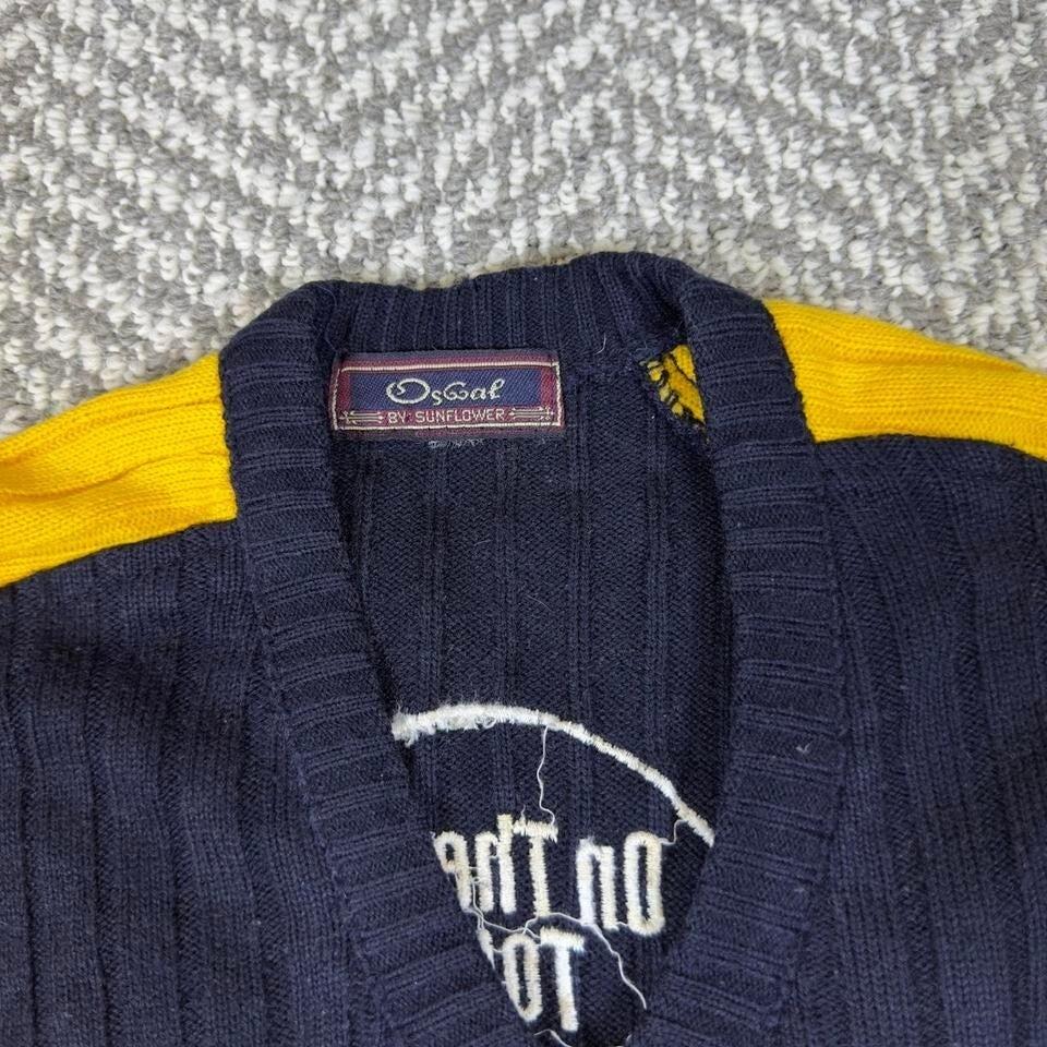 Vintage OsGo By Sunflower Ribbed V-Neck Sweater Navy Yellow