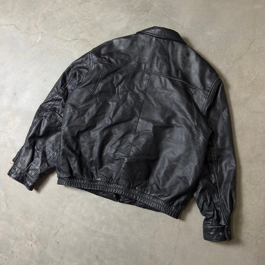 Vintage Trader Bay Leather Bomber Jacket Mens Large Black 90s Streetwear Grunge