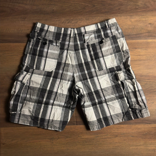 Y2K Bugle Boy Plaid Cargo Shorts Mens 36 Black Grey Baggy