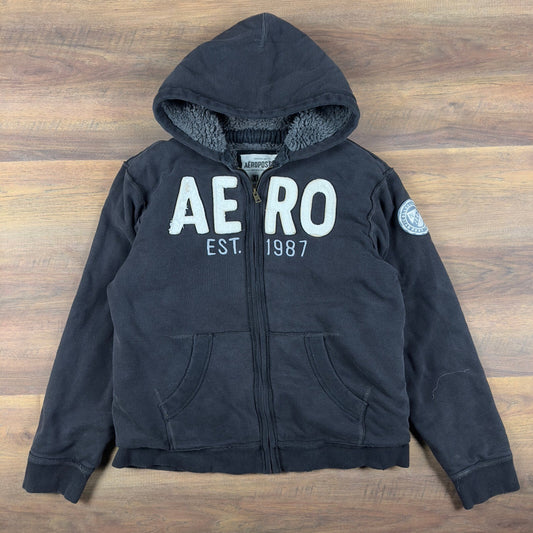 Aeropostale Vintage Y2K Sherpa Hood Full Zip Hoodie Faded Black XL 1987 Logo