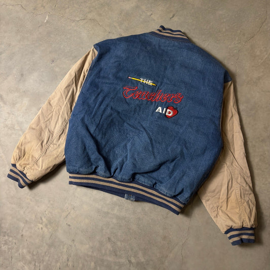 Vintage Tri-Mountain Varsity Jacket Mens XL Blue Denim Tan The Teachers Aid Y2K