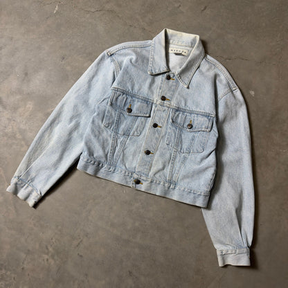 Vintage Merona Denim Jacket Women Medium Light Blue Rose Graphic 90s Boho Retro