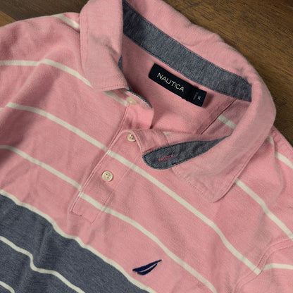 Nautica Striped Polo Shirt Mens XL Pink Blue Preppy Nautical