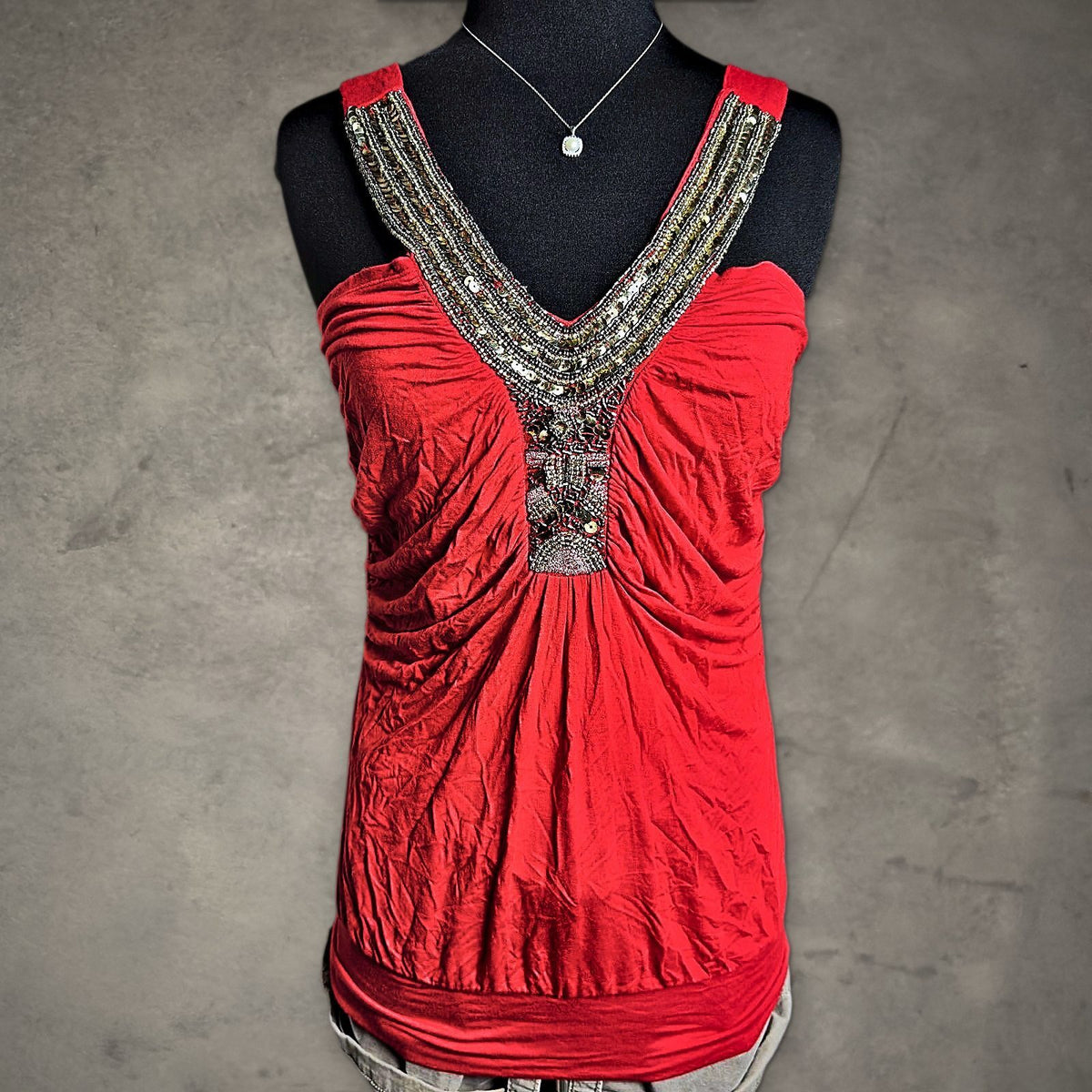 Vanity Beaded Sequin Tank Top Womens XL Red Blouson
