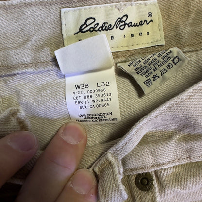 Vintage Eddie Bauer Mens Tan Khaki Denim Jeans Made in USA 38x32 Straight Leg
