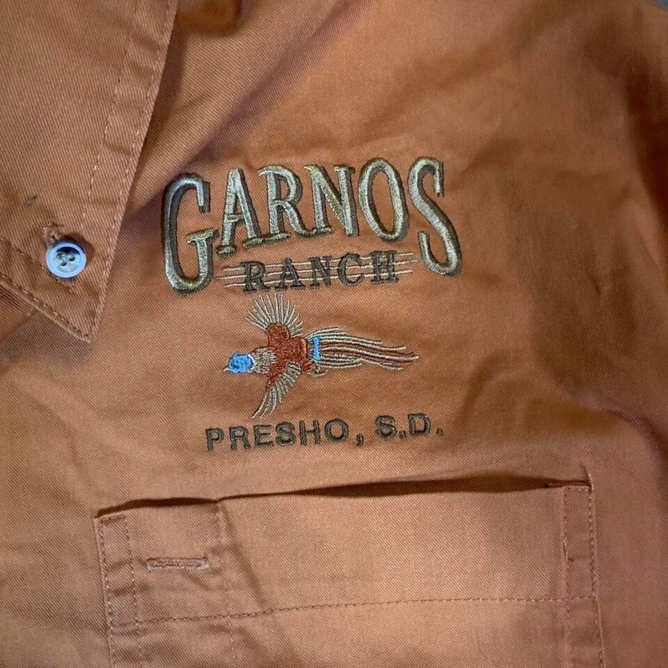 Garno's Ranch Embroidered Button Down Shirt Men XL Orange Workwear