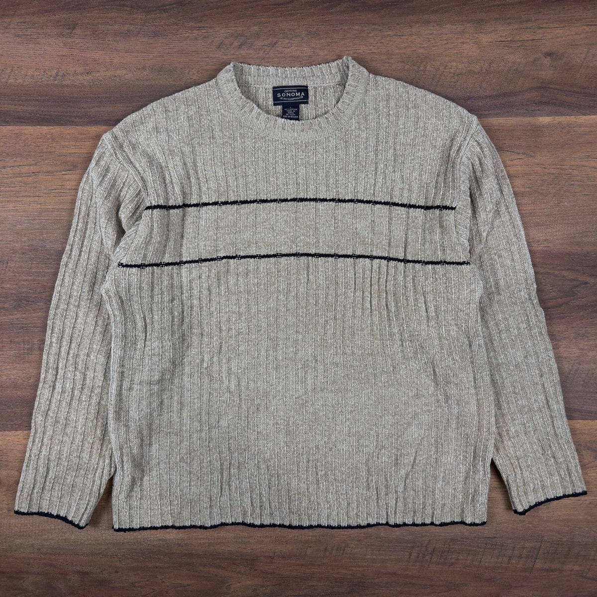 Vintage Ribbed Chenille Sweater Tan Beige Black Striped Y2K