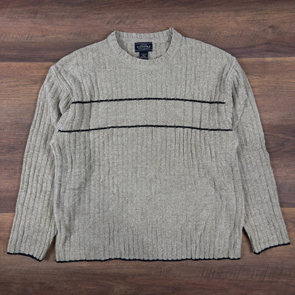 Vintage Ribbed Chenille Sweater Tan Beige Black Striped Y2K