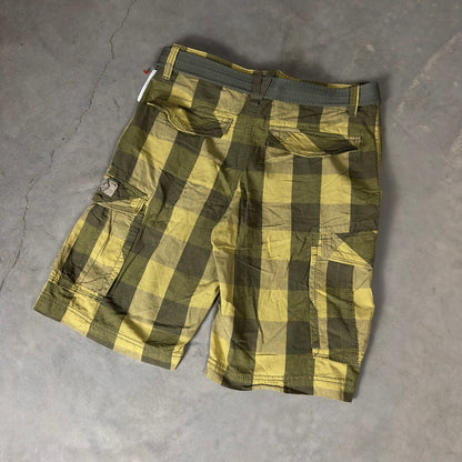 NWT Y2K Unionbay Plaid Cargo Shorts Mens 30 Green Tan Baggy