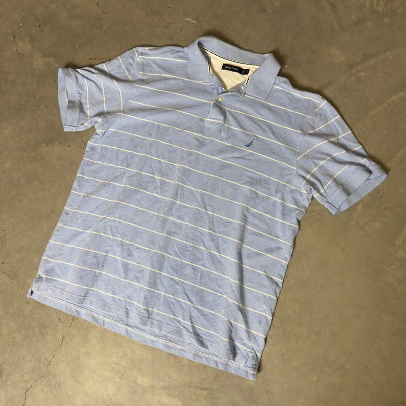 Nautica Polo Shirt Mens XL Blue White Striped Short Sleeve