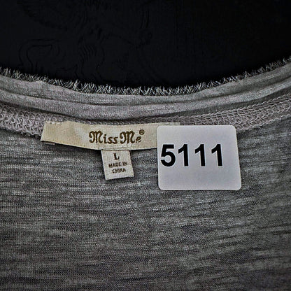 Miss Me Sequin Lace Back Tee Womens L Gray Cream Boho