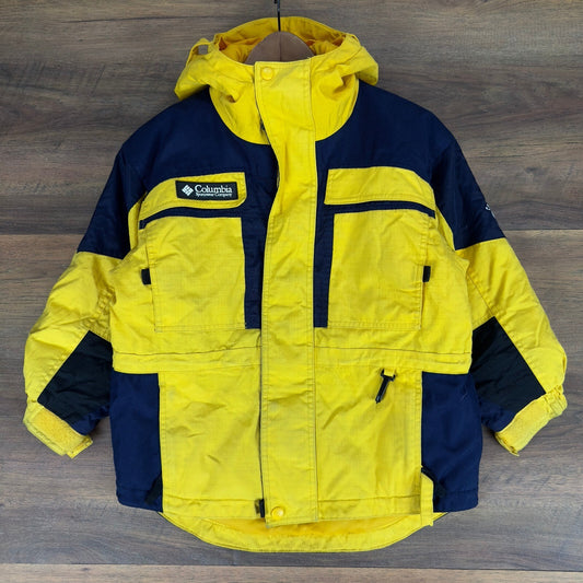 Vintage Columbia Kids Yellow Navy Blue Colorblock Hooded Winter Jacket Size 8