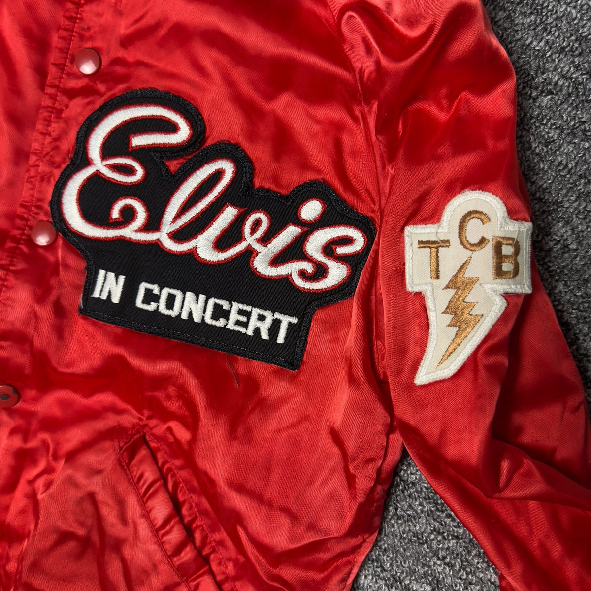 Elvis In Concert TCB Satin Bomber Jacket Red Snap Front