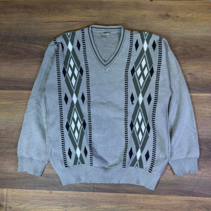 Vintage Mijanta Argyle V-Neck Sweater Mens XL Gray Green