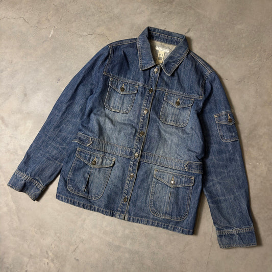 Vintage Crazy Horse Denim Safari Jacket Womens XL Blue Utility Gorpcore Y2K