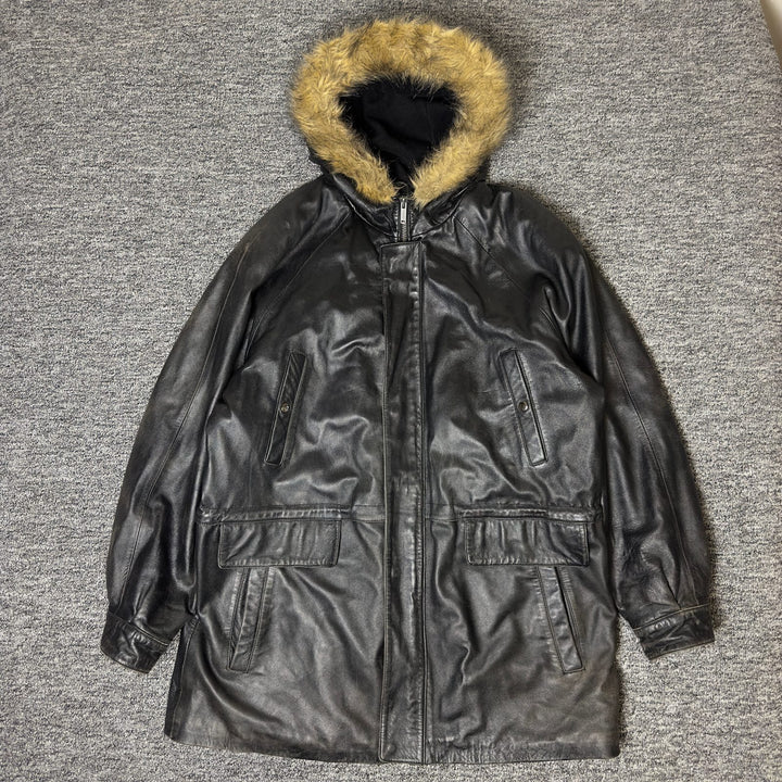 Wilsons Leather Hooded Parka Mens XL Black Fur Hood