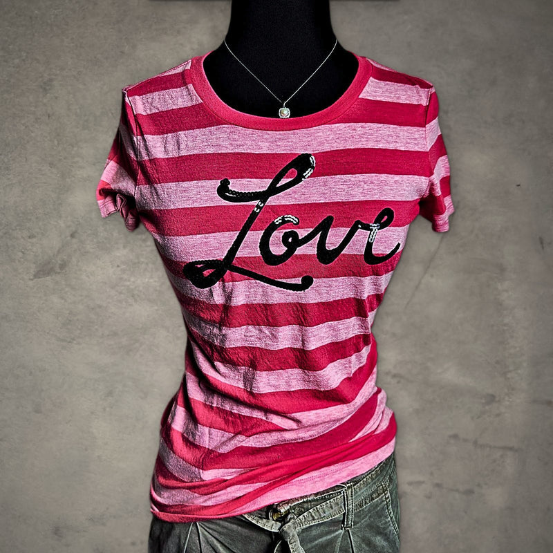 Aeropostale Love Sequin Graphic Tee Womens M Pink Striped