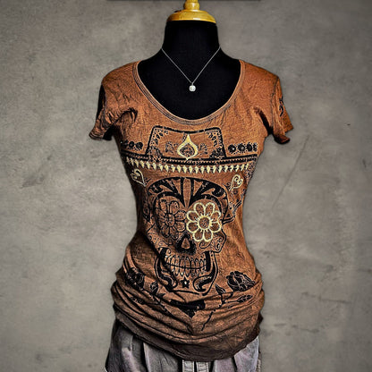 Sugar Skull Rhinestone Graphic Tee Womens L Brown
