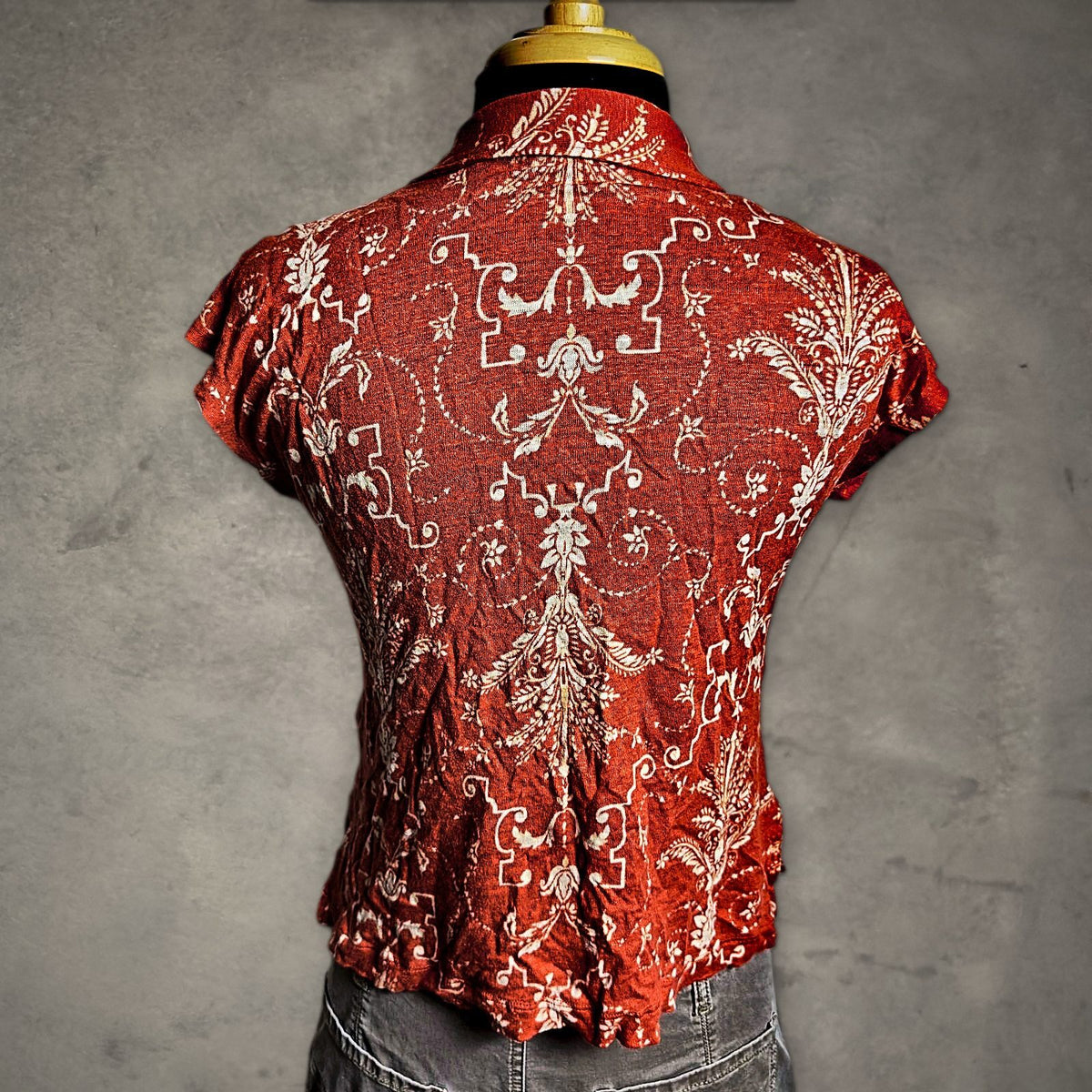 Tahari Linen Polo Top Womens S Rust Orange Damask Boho