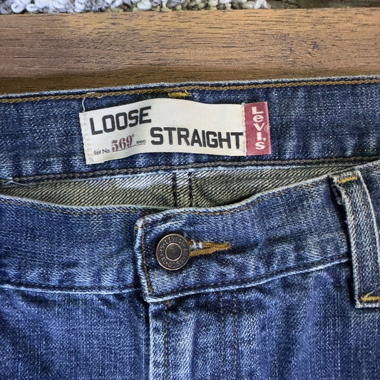 Levi's 569 Loose Straight Jeans Men's 36x34 Blue Distressed Y2K Denim Pants