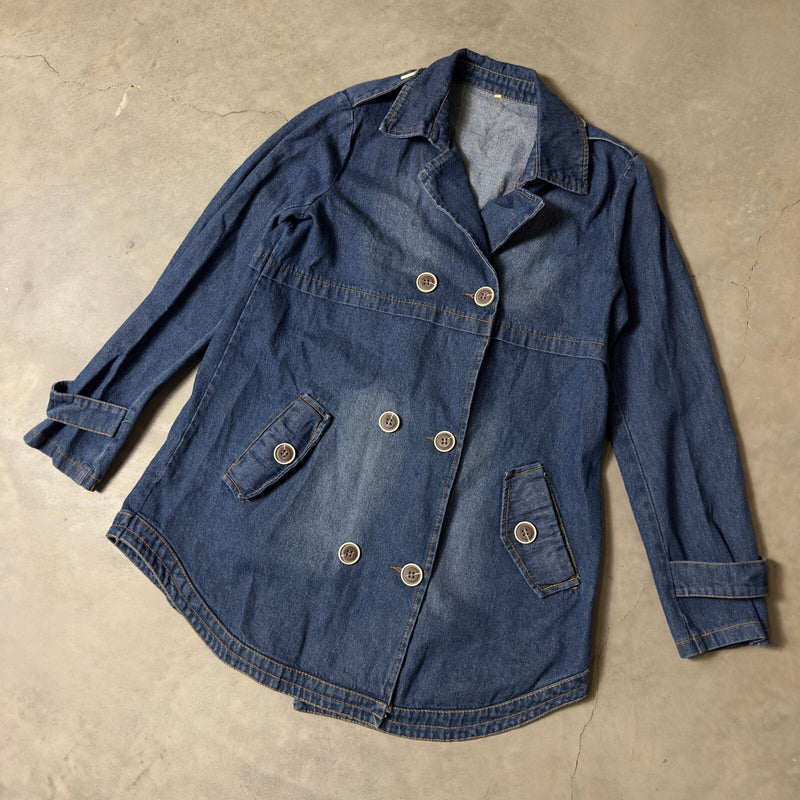 Unbranded Denim Pea Coat Jacket Womens M Blue Double Breasted Streetwear Retro