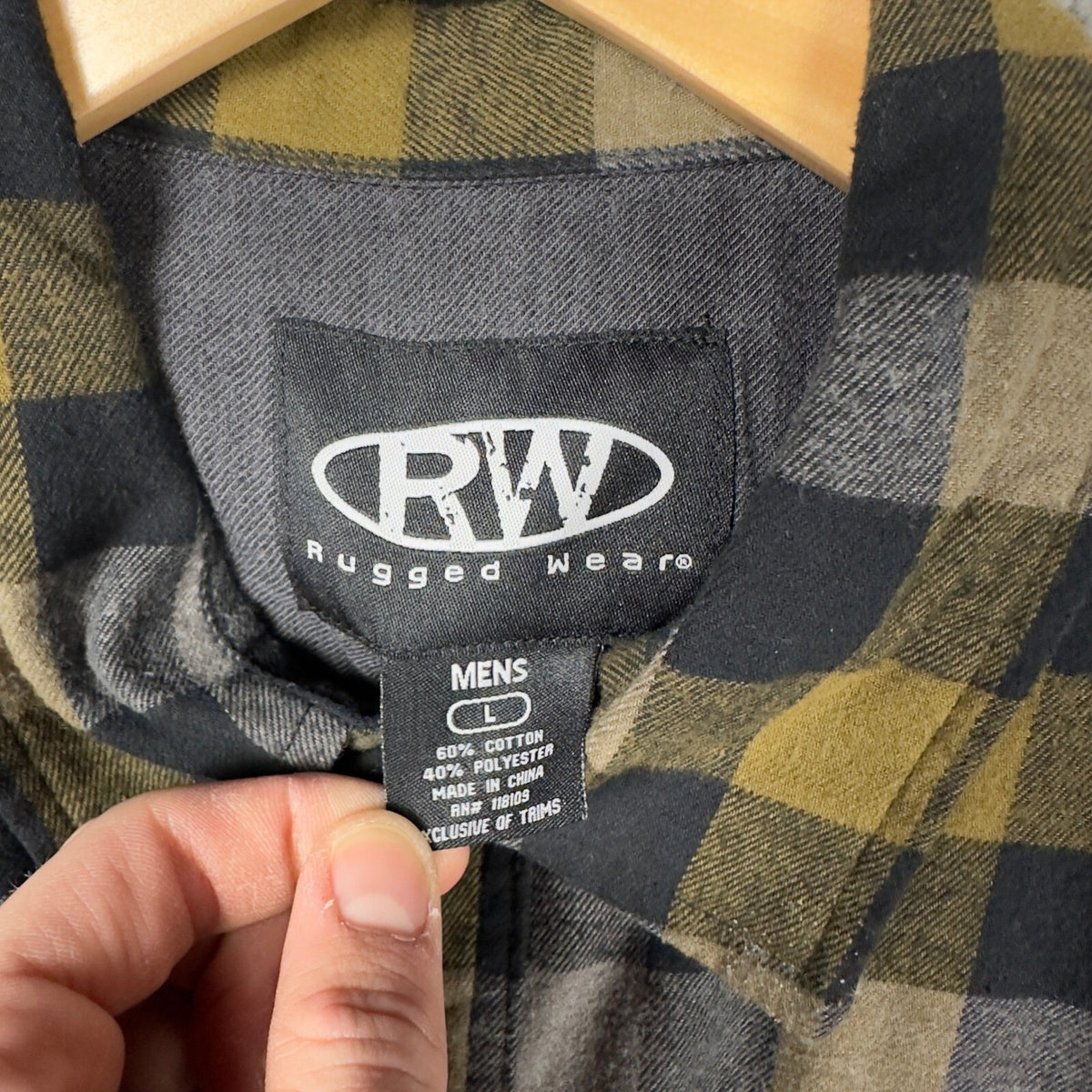 Rugged Wear Buffalo Plaid Flannel Shirt Mens L Olive Grey