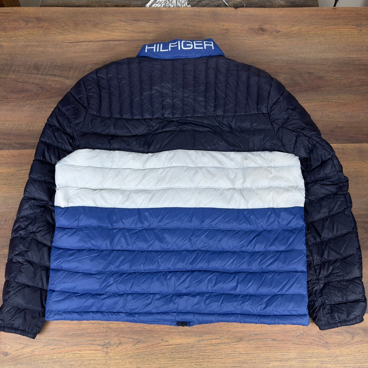 Tommy Hilfiger Mens Packable Down Puffer Jacket XXL Blue White Colorblock Spring