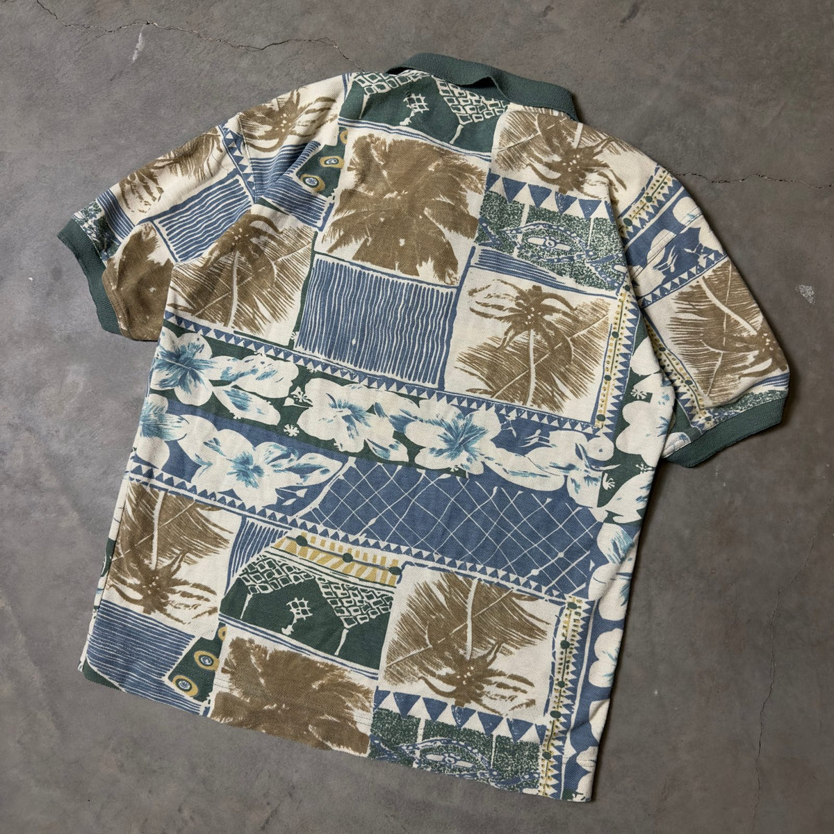Tropical Hawaiian Patchwork Polo Mens Blue Green