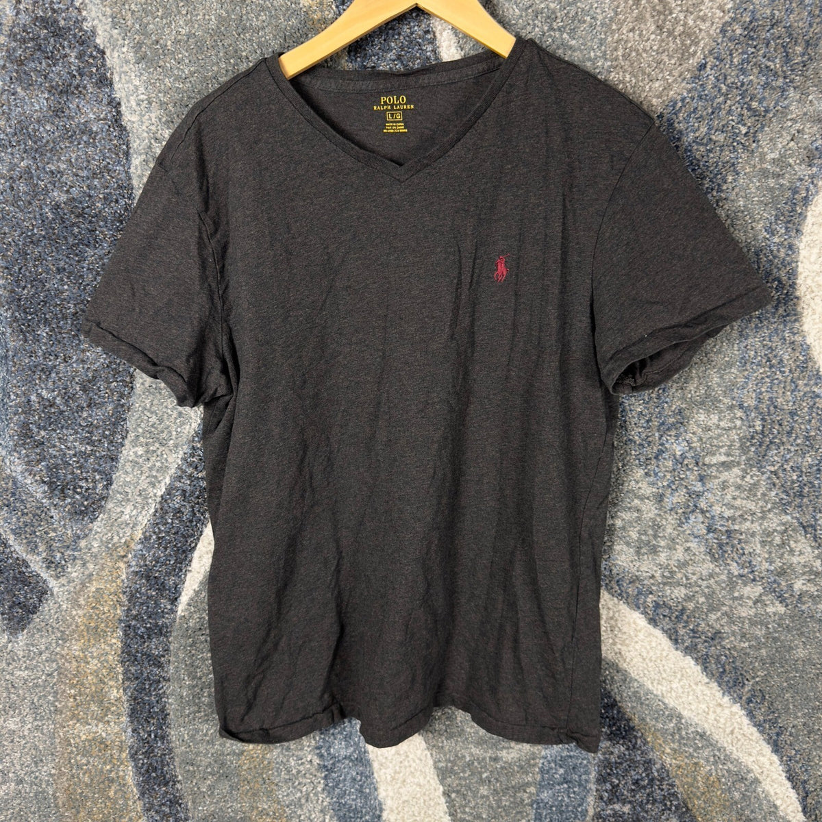Polo Ralph Lauren V-Neck Tee Mens L Charcoal Grey Red Pony