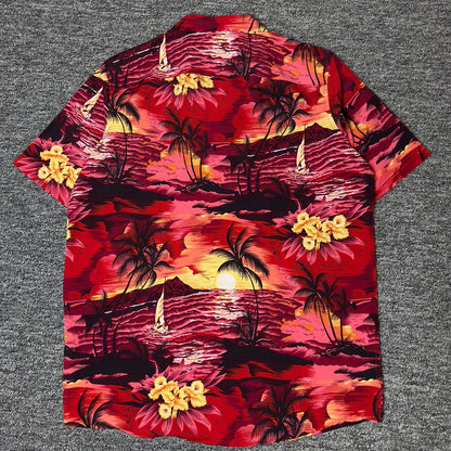 Hawaiian Vacation Sunset Print Shirt Mens L Red Tropical