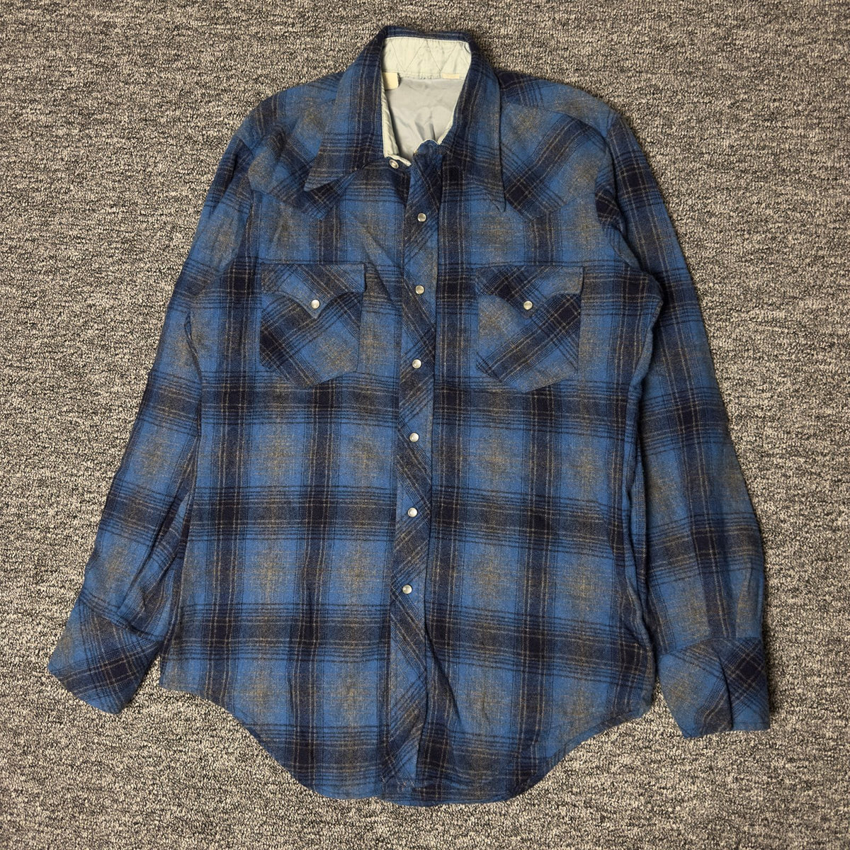 Wool Western Pearl Snap Flannel Shirt Mens Blue Plaid Ranch