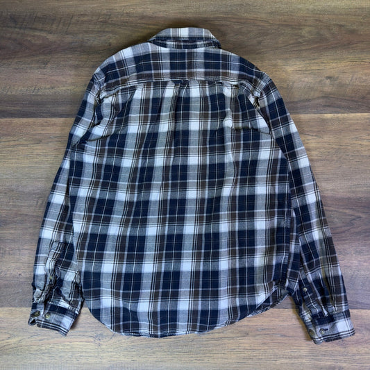 Eddie Bauer Plaid Flannel Shirt Brown Navy Workwear Rugged