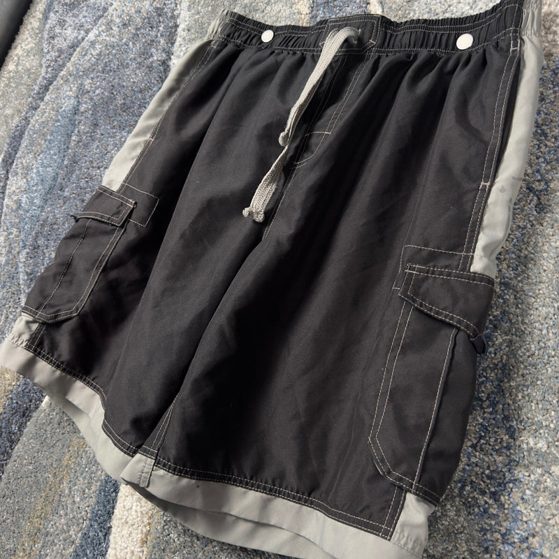 US Apparel Cargo Swim Trunks Mens XL Black Grey Board Shorts
