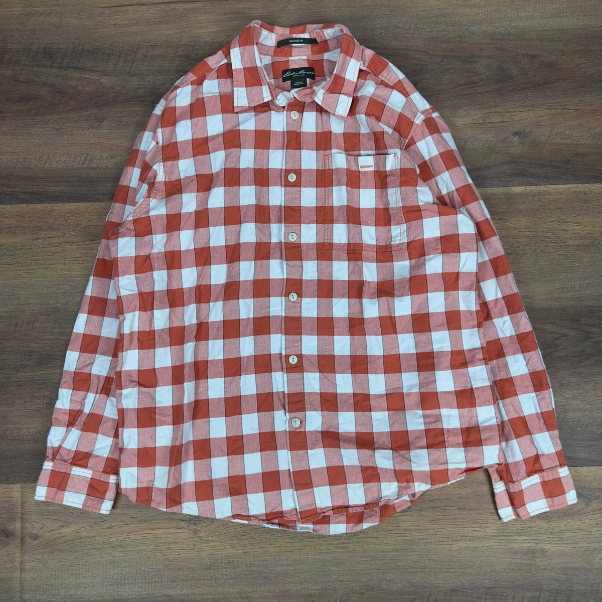 Eddie Bauer Mens Plaid Button Down Shirt Orange White XL