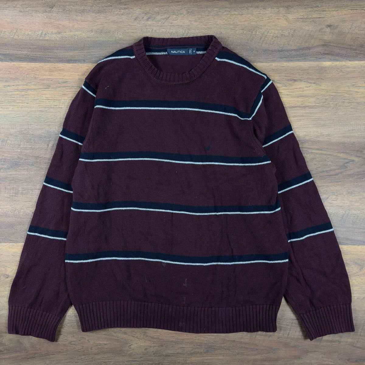 Nautica Striped Crewneck Sweater Mens M Burgundy Navy White