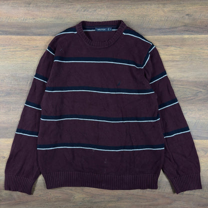 Nautica Striped Crewneck Sweater Mens M Burgundy Navy White