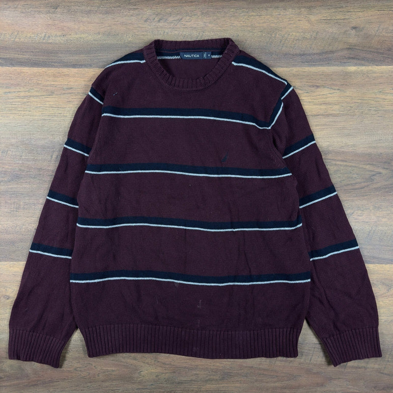 Nautica Striped Crewneck Sweater Mens M Burgundy Navy White