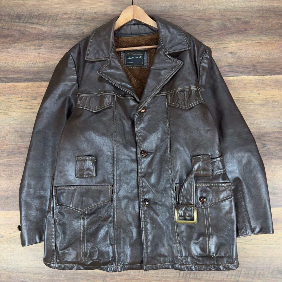 Vintage Towncraft Mens XL Brown Leather Car Coat Jacket