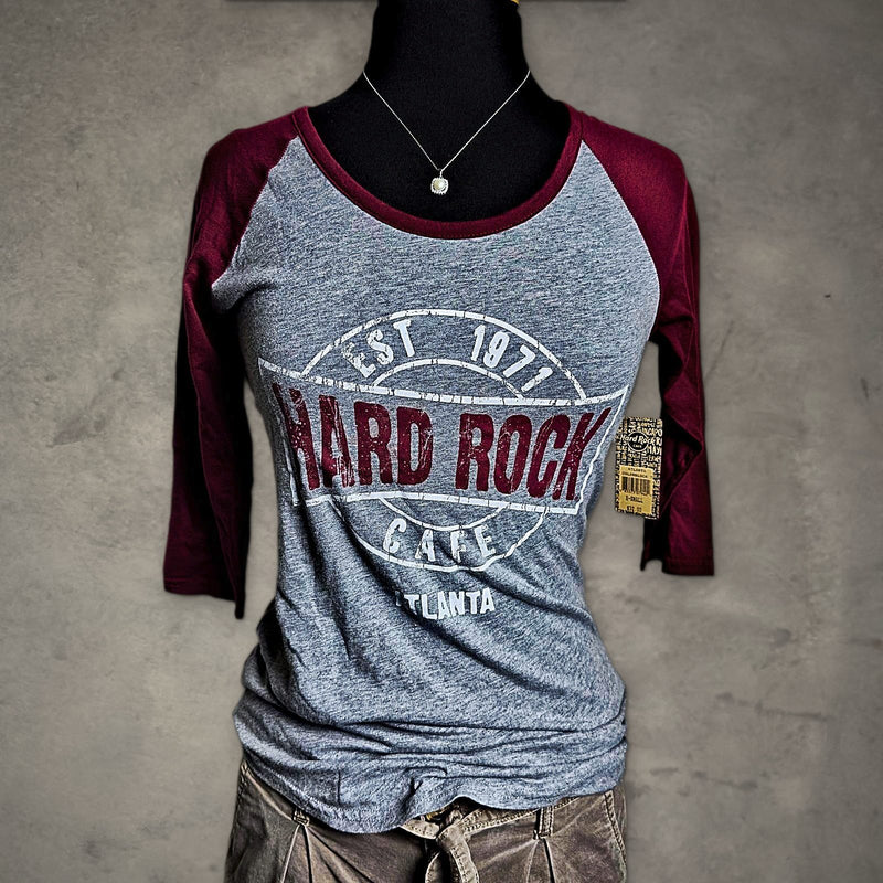 NWT Hard Rock Cafe Atlanta Raglan Tee Womens XS Gray Maroon
