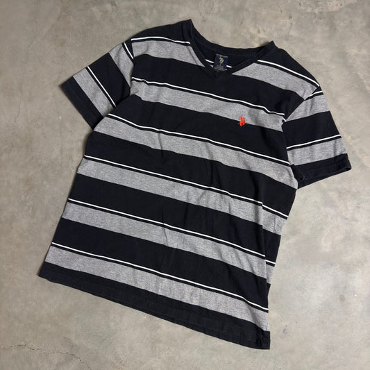 US Polo Assn Striped V Neck Tee Mens L Black Gray