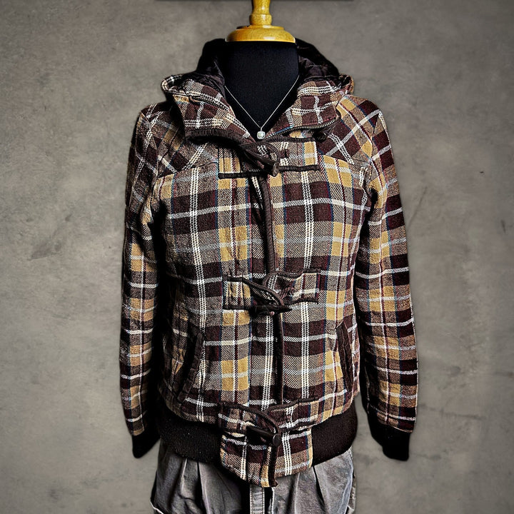 Maurices Toggle Plaid Hooded Bomber Jacket Womens S Brown