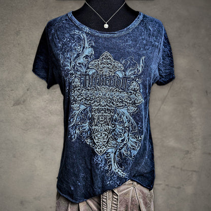 Affliction Open Back Tee Womens L Blue Acid Wash Rhinestone