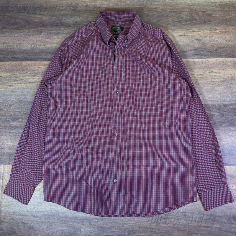 Y2K Eddie Bauer Check Button Down Shirt Mens L Tall Burgundy