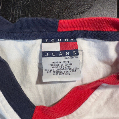 Vintage 90s Tommy Jeans V-Neck T-Shirt Mens XL White Red