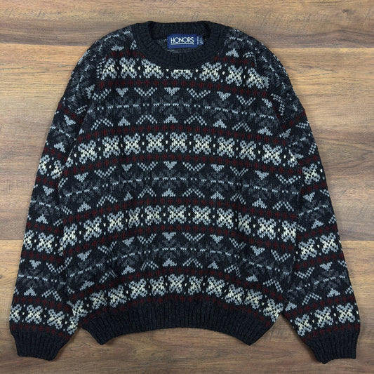 Vintage Honors Fair Isle Sweater Mens L Burgundy Made In USA
